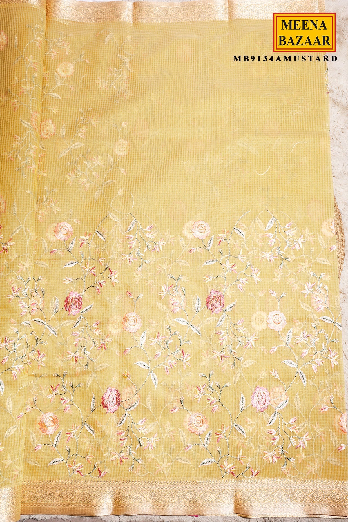 Mustard Organza Resham Jaal Saree