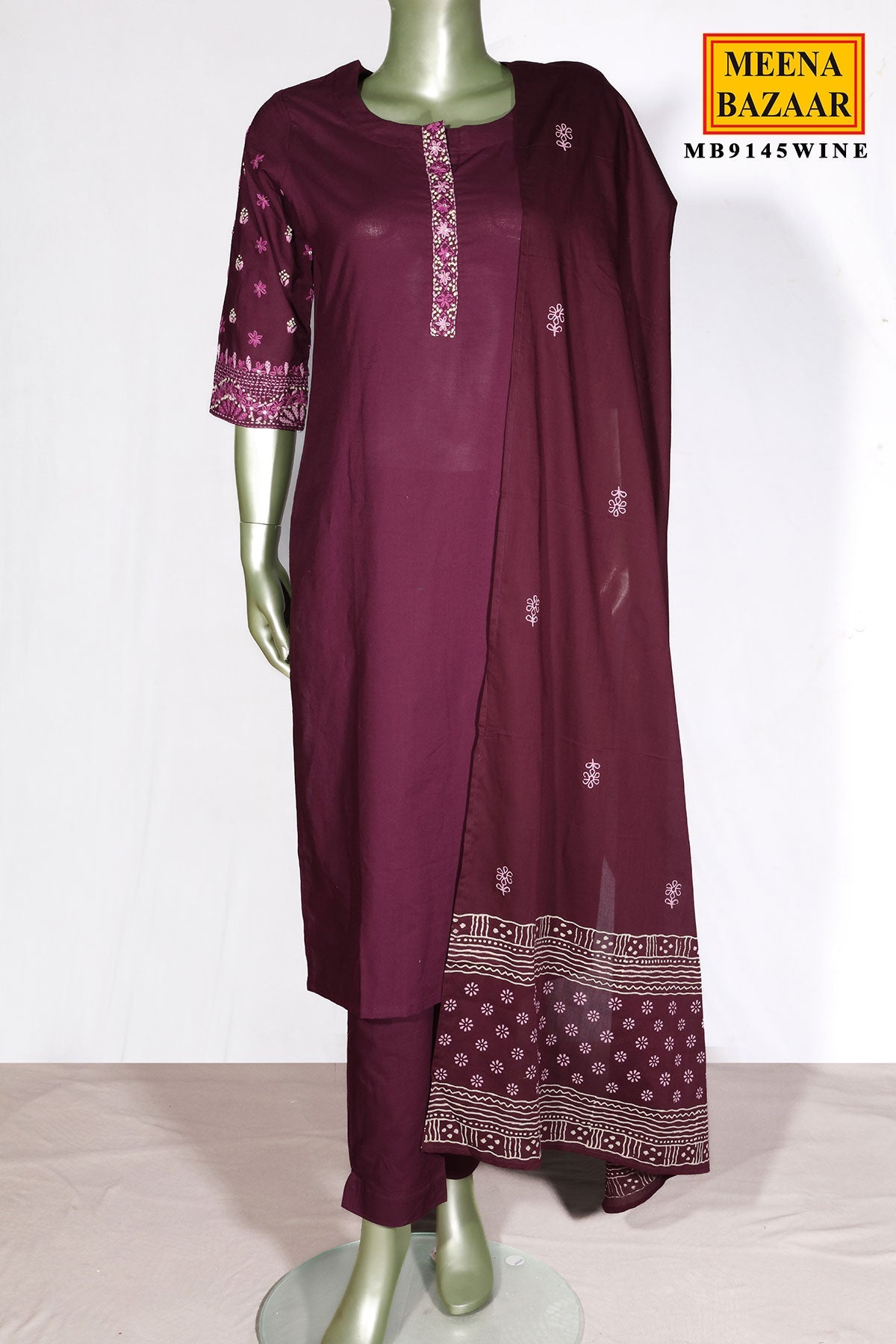 Wine Cotton Neck Embroidered Suit