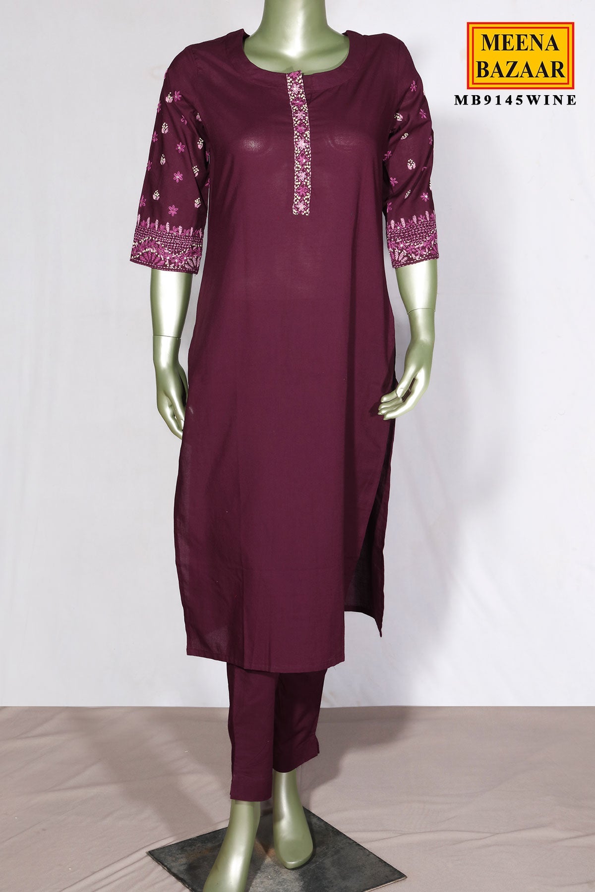 Wine Cotton Neck Embroidered Suit