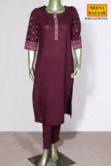 Wine Cotton Neck Embroidered Suit