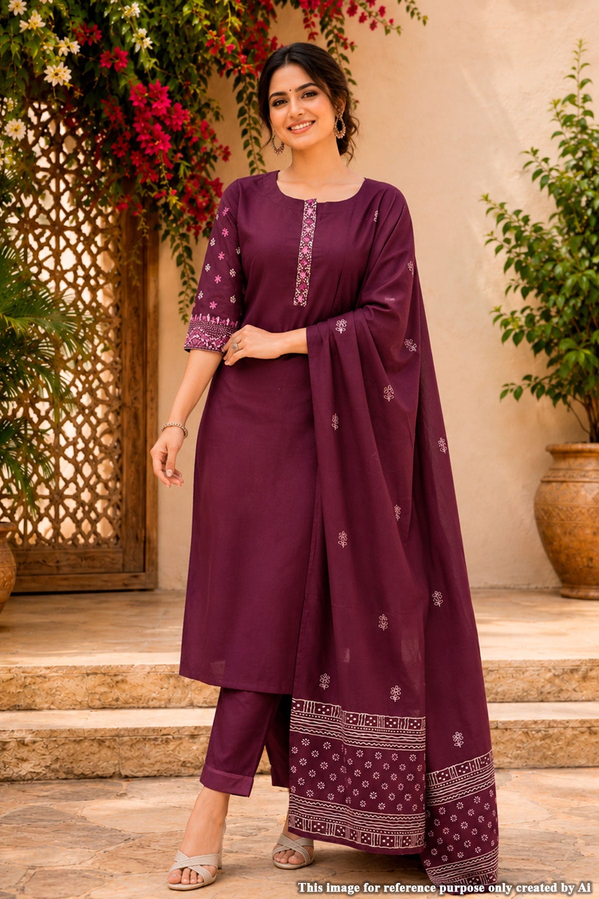 Wine Cotton Neck Embroidered Suit