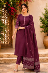 Wine Cotton Neck Embroidered Suit