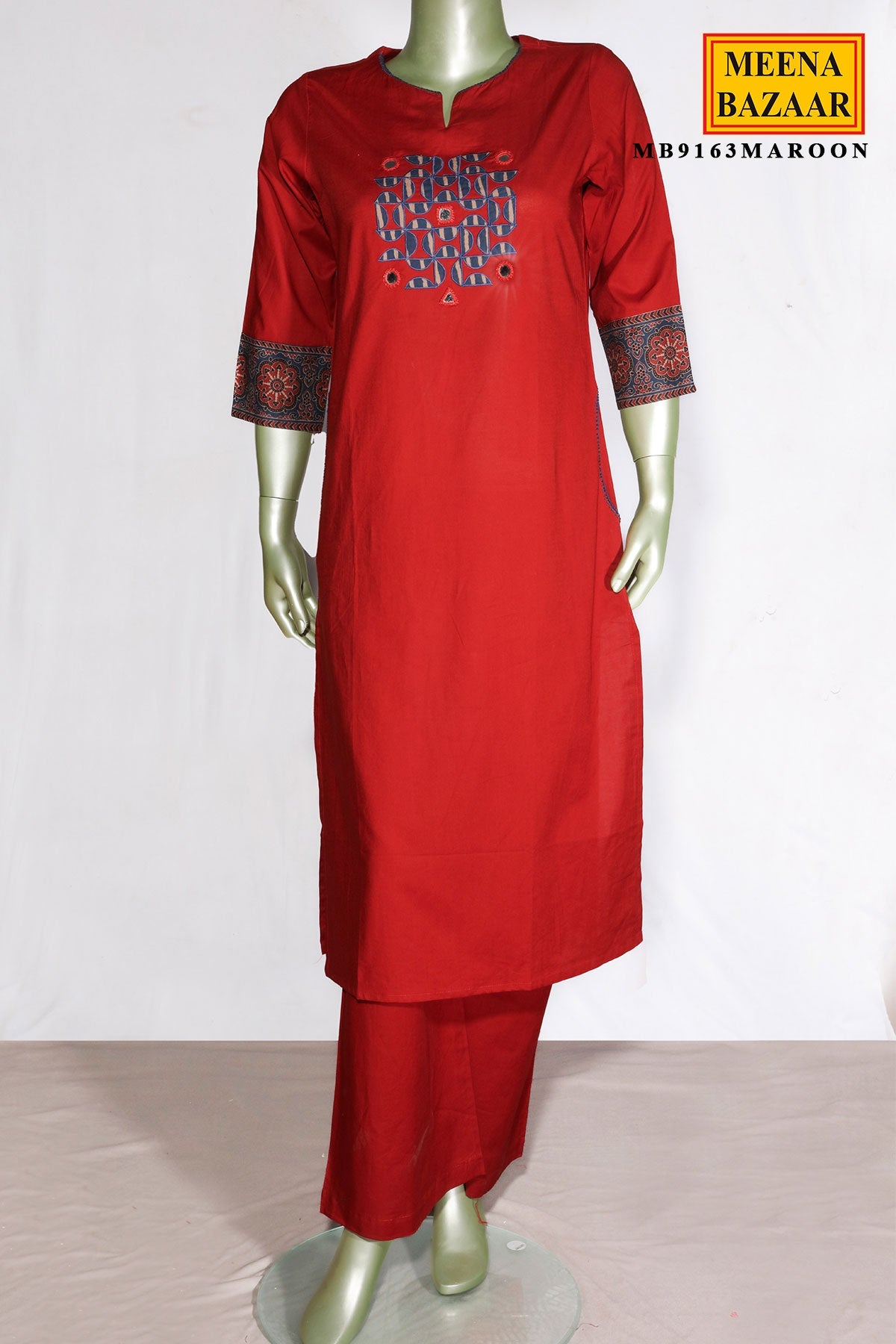 Maroon Cotton Neck Embroidered Suit for Women