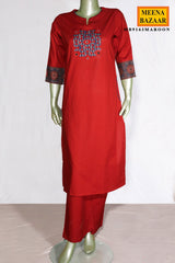 Maroon Cotton Neck Embroidered Suit for Women