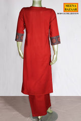 Maroon Cotton Neck Embroidered Suit for Women
