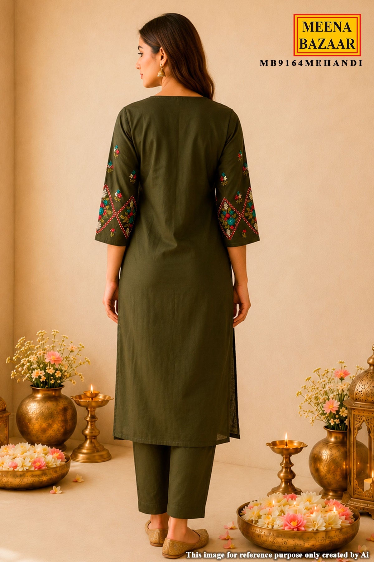 Mehandi Cotton Neck Embroidered Kurti for Women