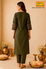 Mehandi Cotton Neck Embroidered Kurti for Women