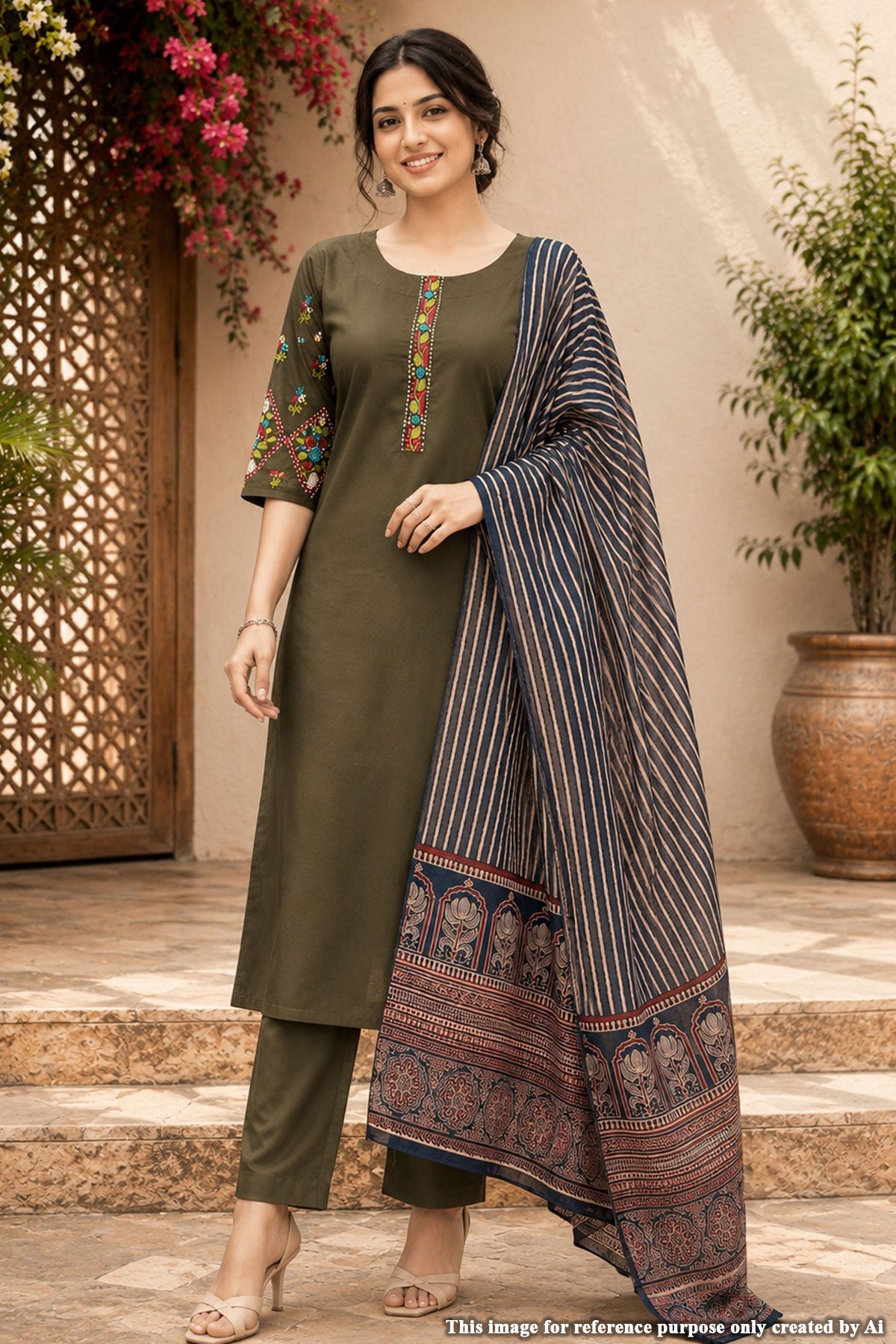 Mehandi Cotton Neck Embroidered Kurti for Women