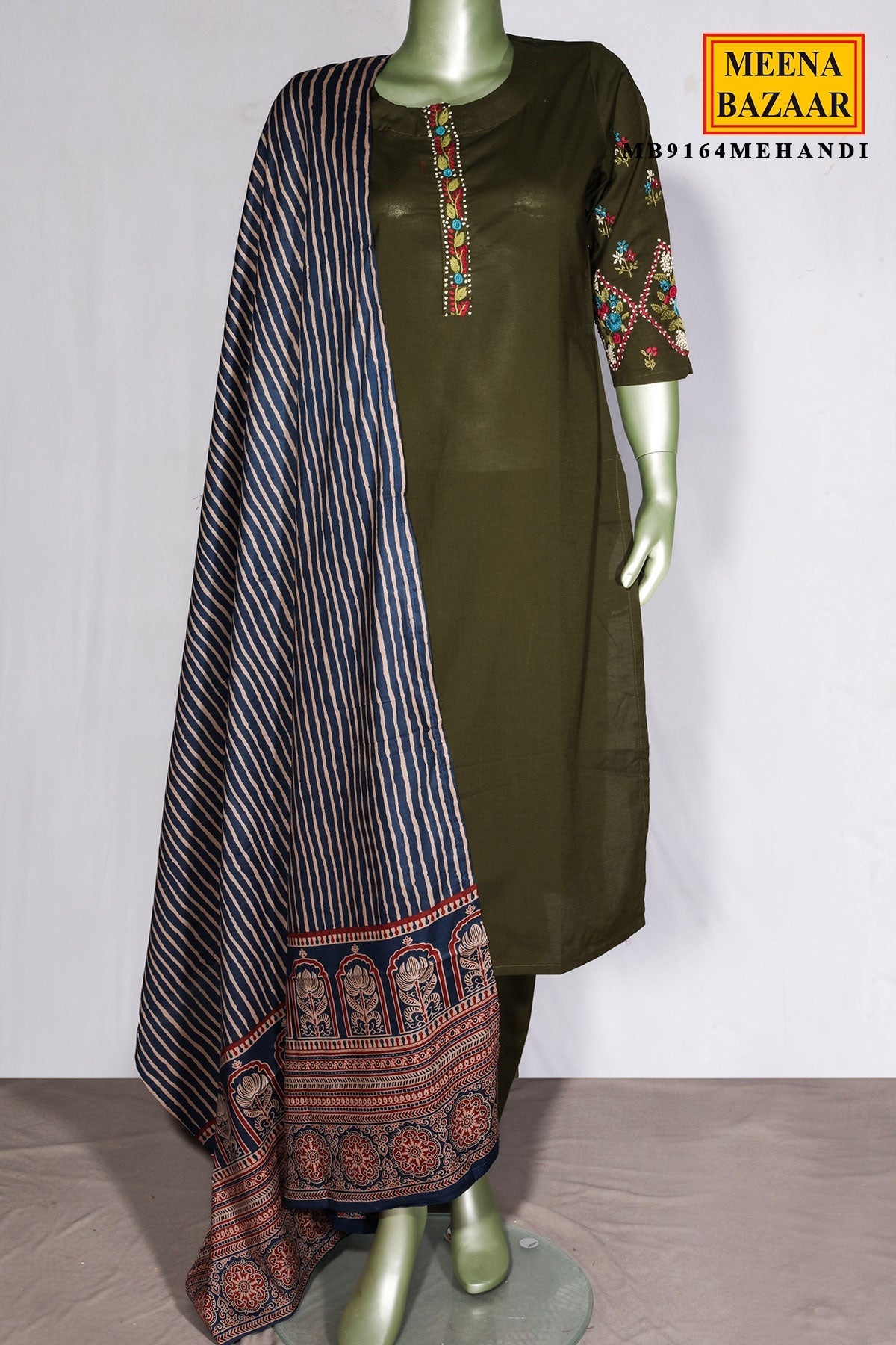 Mehandi Cotton Neck Embroidered Kurti for Women