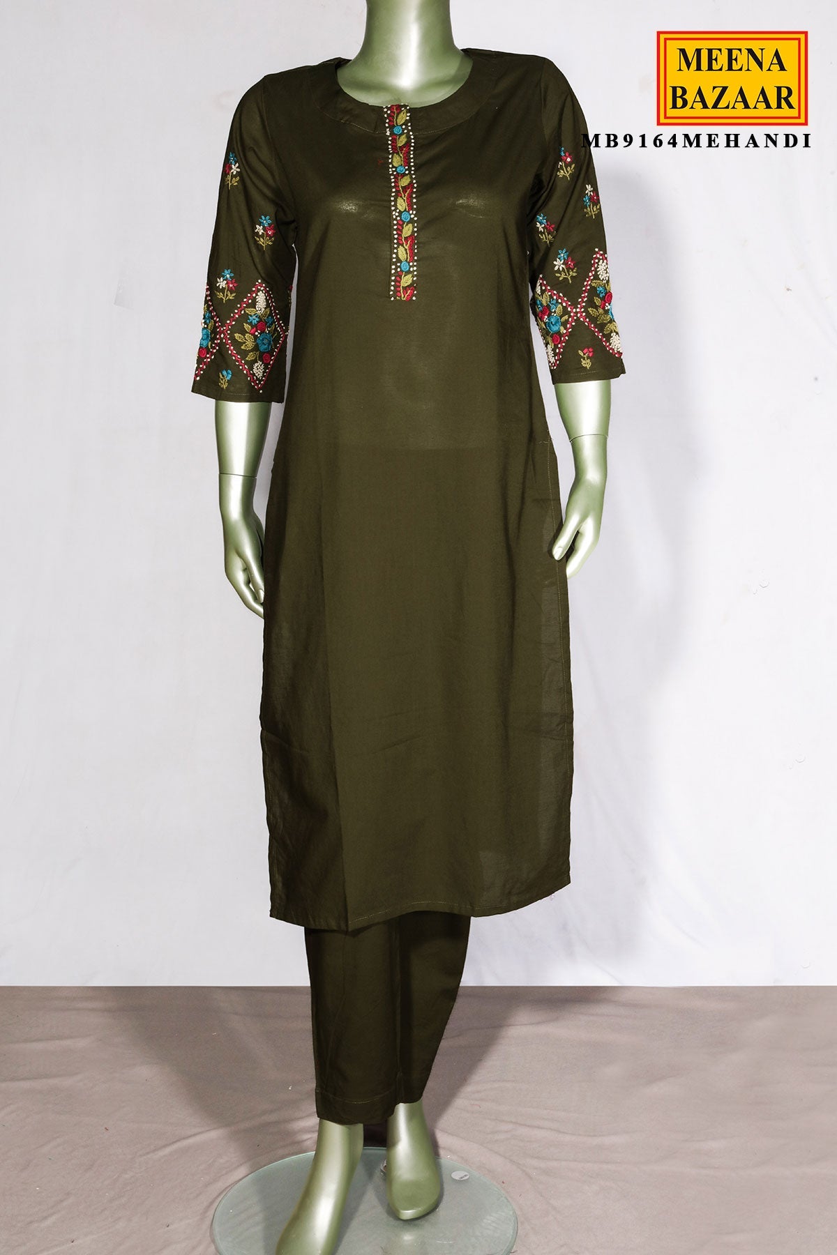 Mehandi Cotton Neck Embroidered Kurti for Women