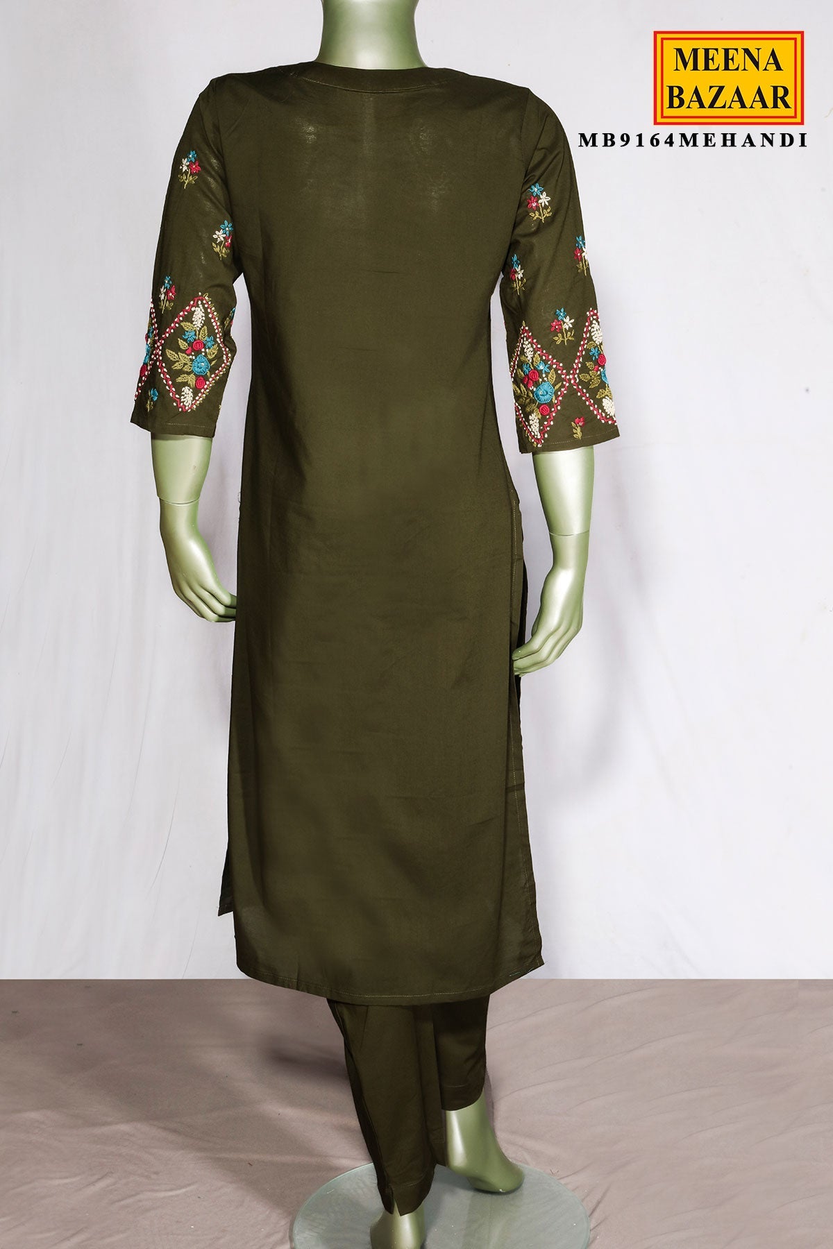 Mehandi Cotton Neck Embroidered Kurti for Women