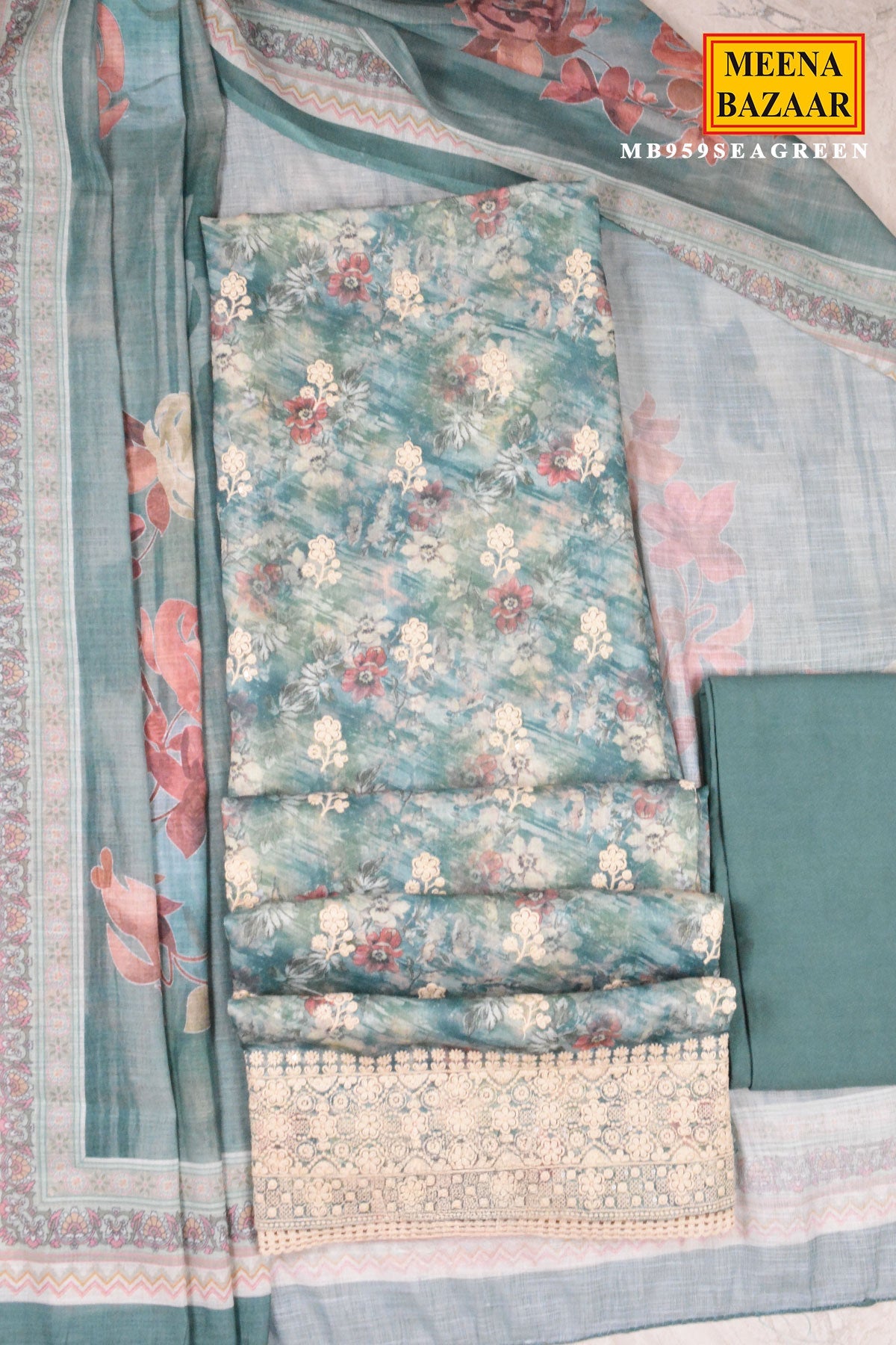 Sea Green Floral Embroidered Suit Set