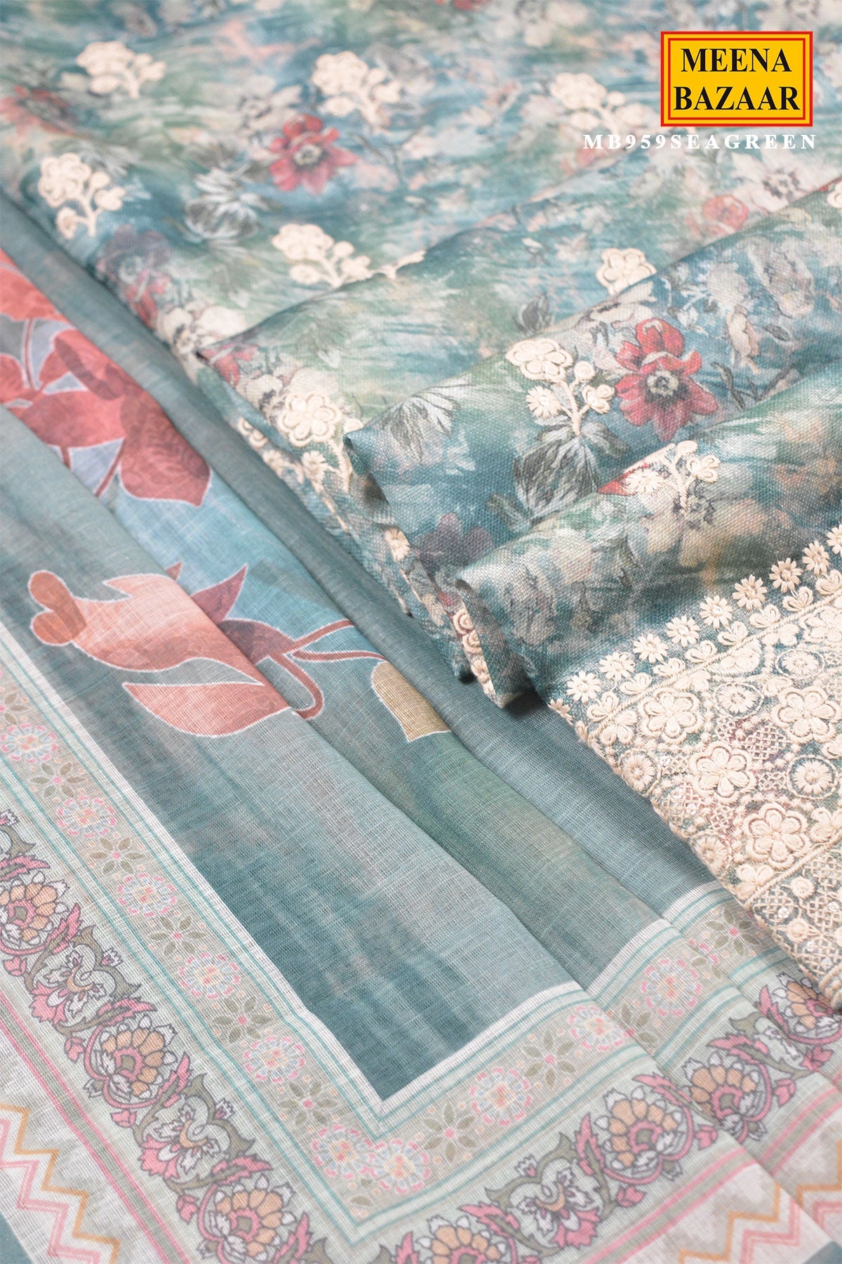 Sea Green Floral Embroidered Suit Set