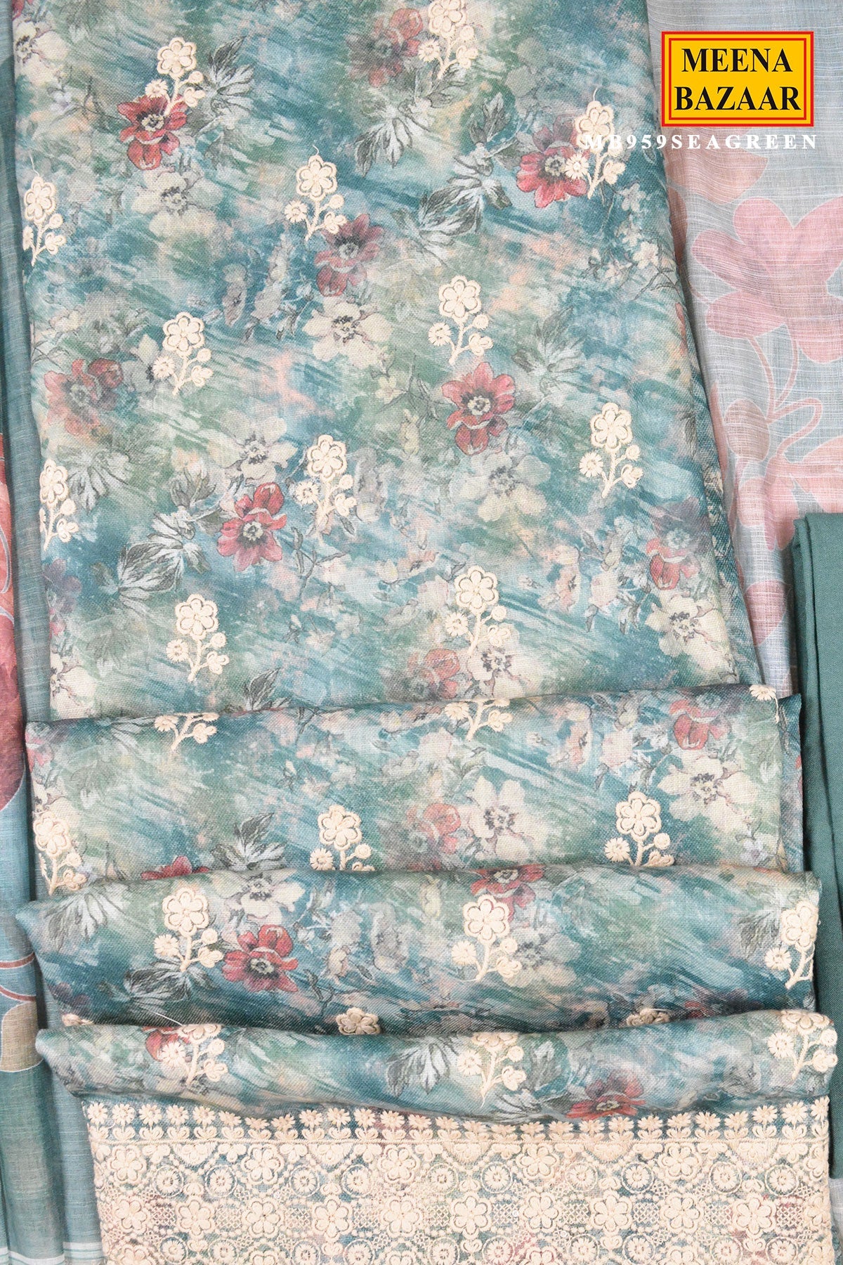 Sea Green Floral Embroidered Suit Set
