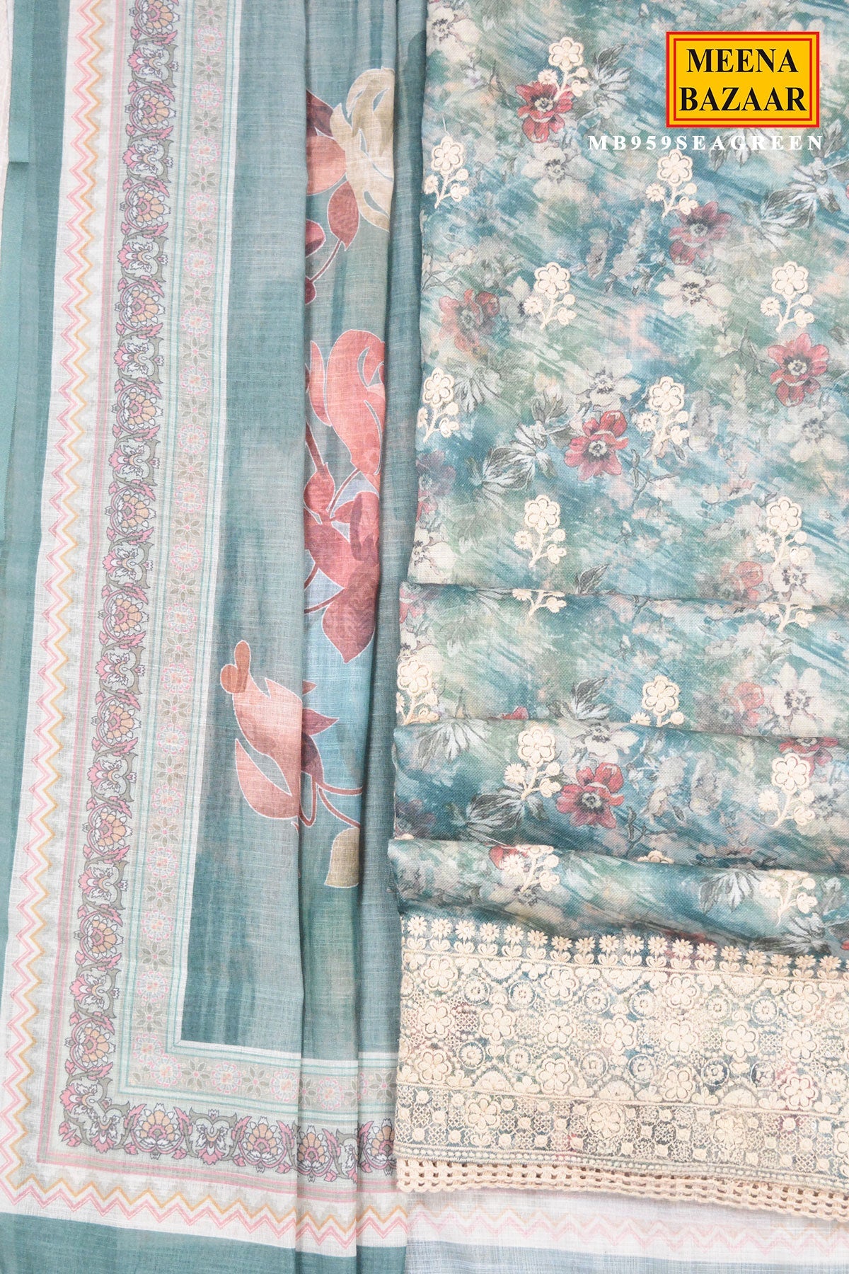 Sea Green Floral Embroidered Suit Set