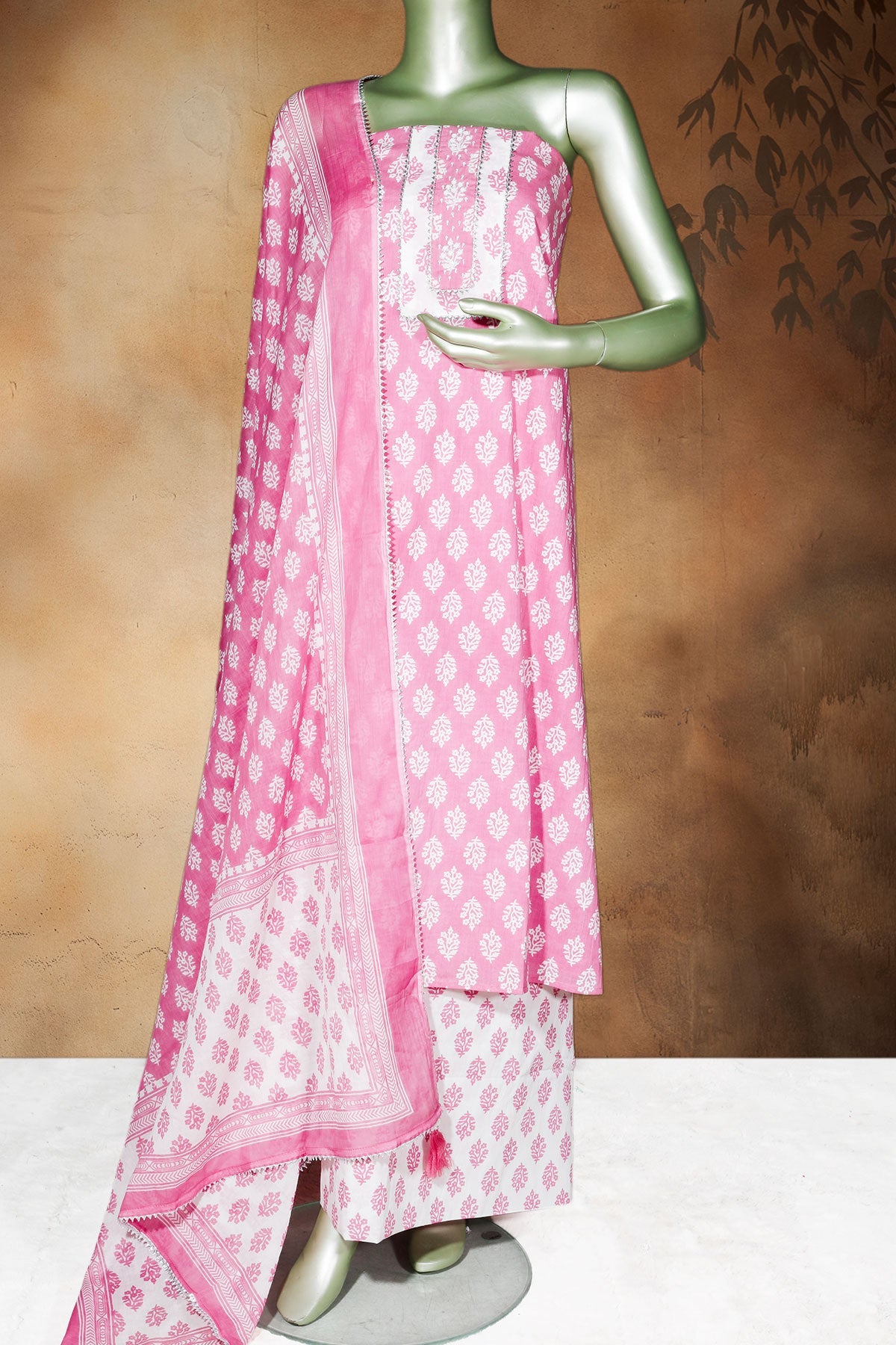 Pink Cotton Unstitched Suit with Embroidery Detail