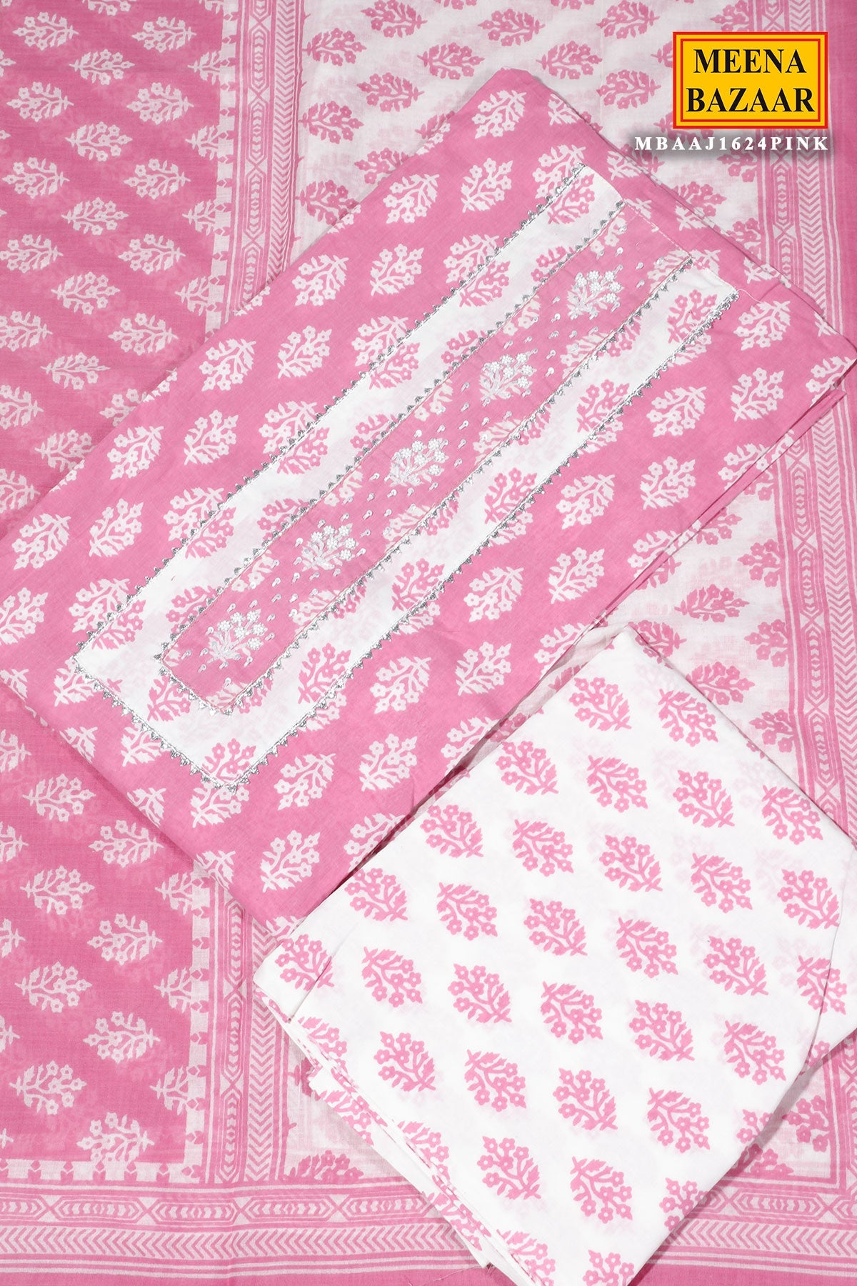 Pink Cotton Unstitched Suit with Embroidery Detail