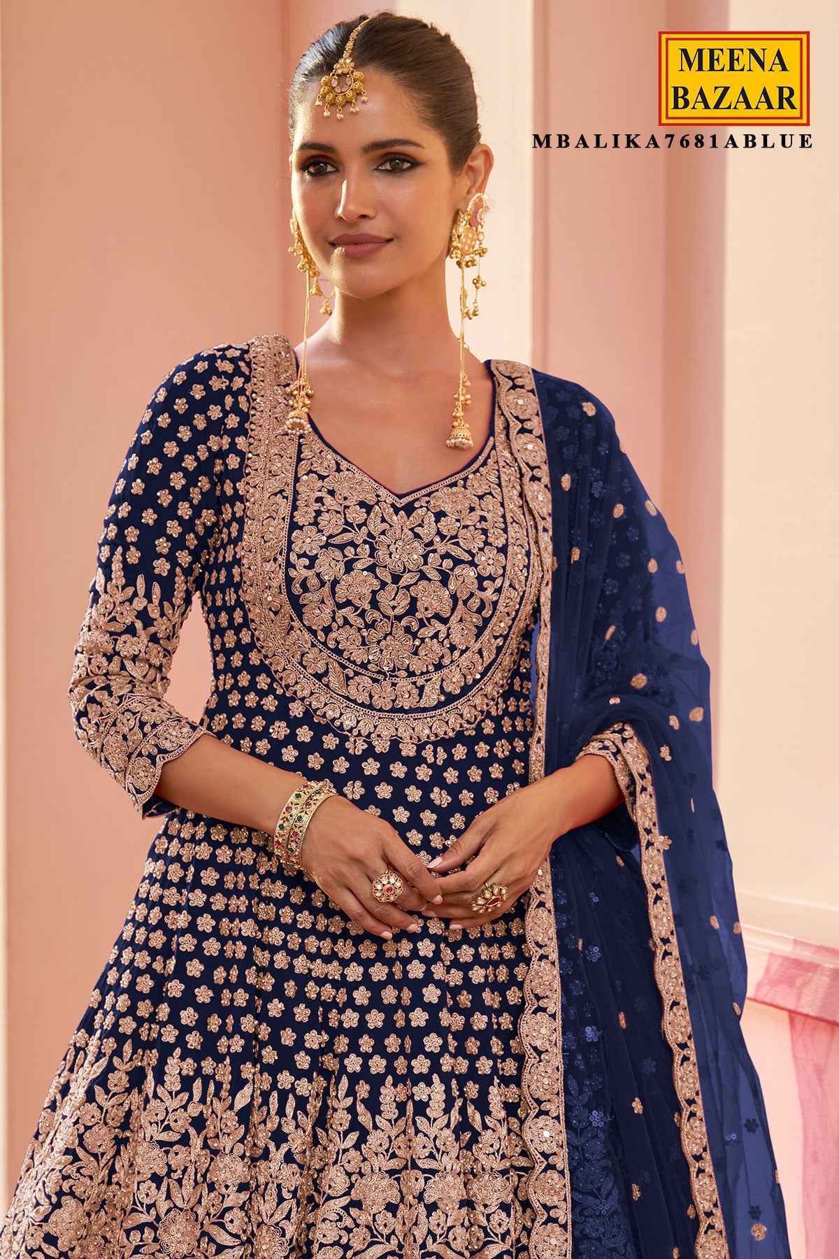 Navy Georgette Embroidered Straight Suit