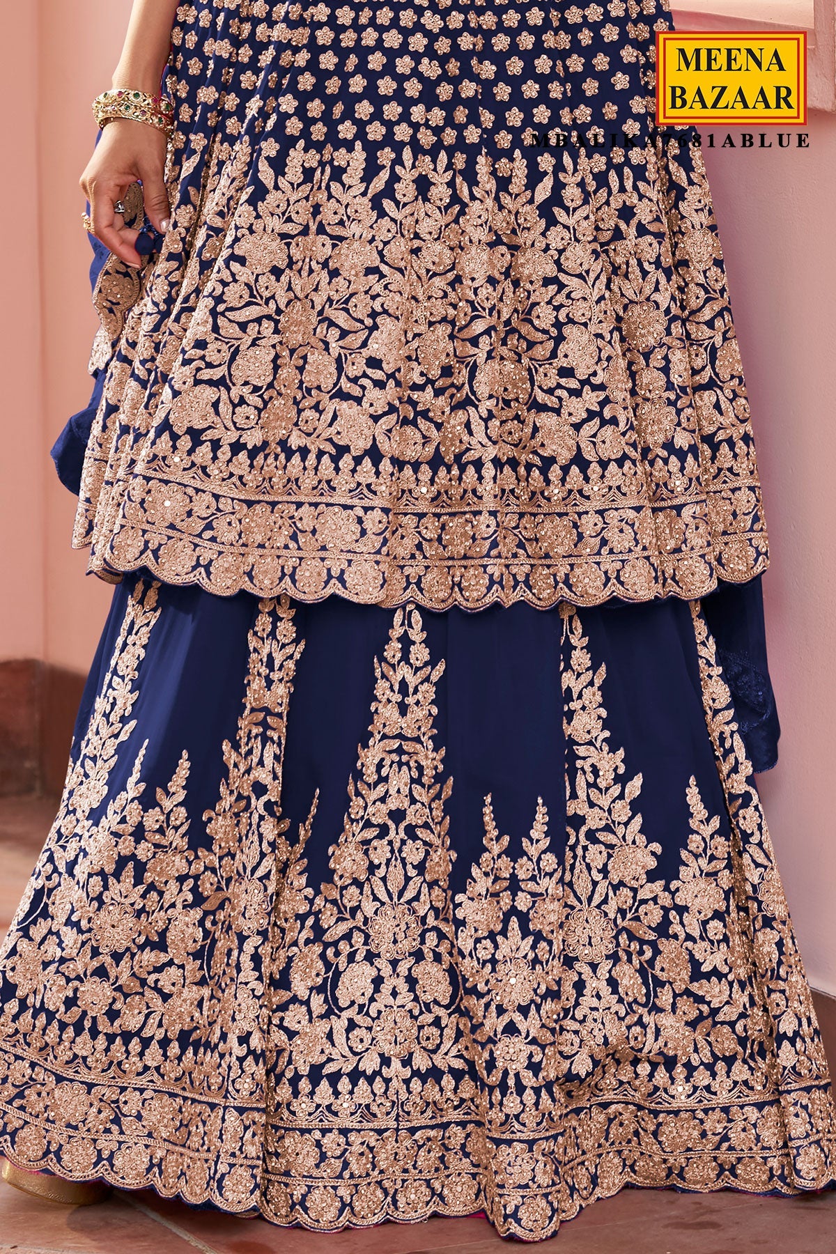 Navy Georgette Embroidered Straight Suit
