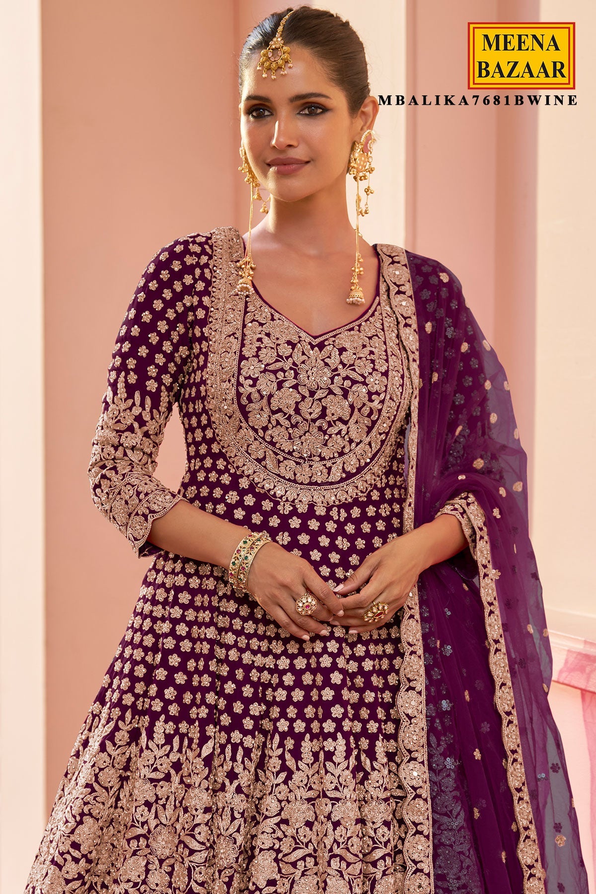 Wine Georgette Embroidered Straight Suit
