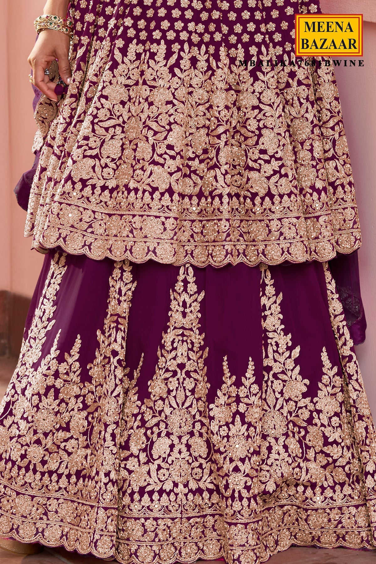 Wine Georgette Embroidered Straight Suit