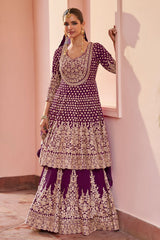 Wine Georgette Embroidered Straight Suit