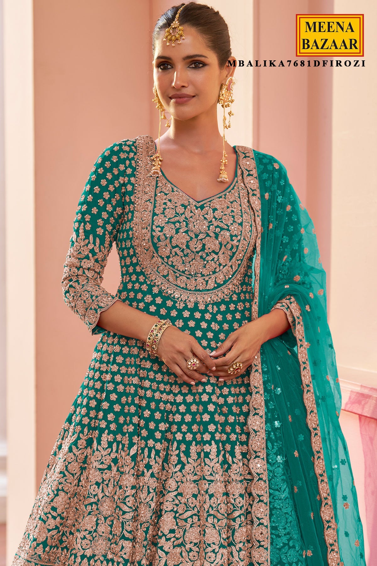 Firozi Georgette Embroidered Straight Suit