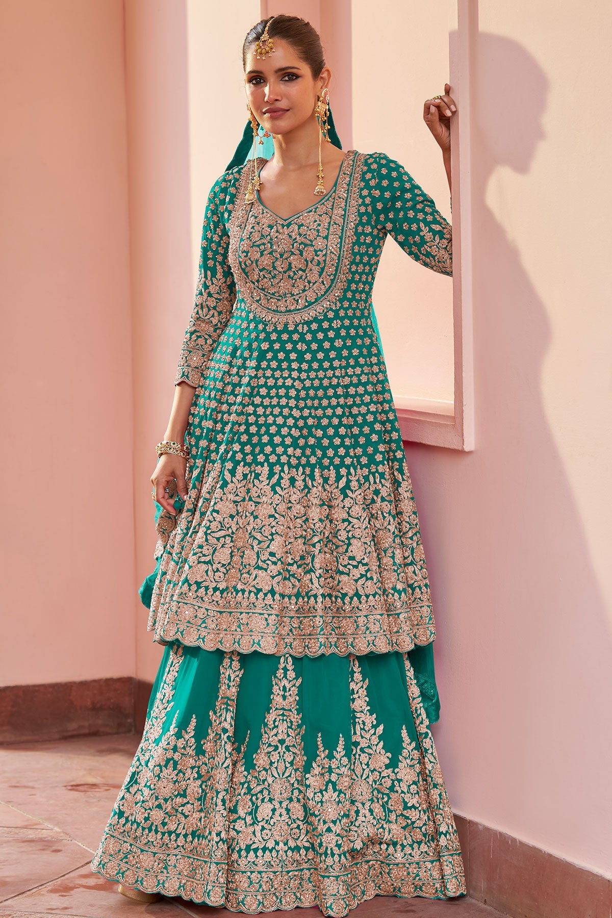 Firozi Georgette Embroidered Straight Suit
