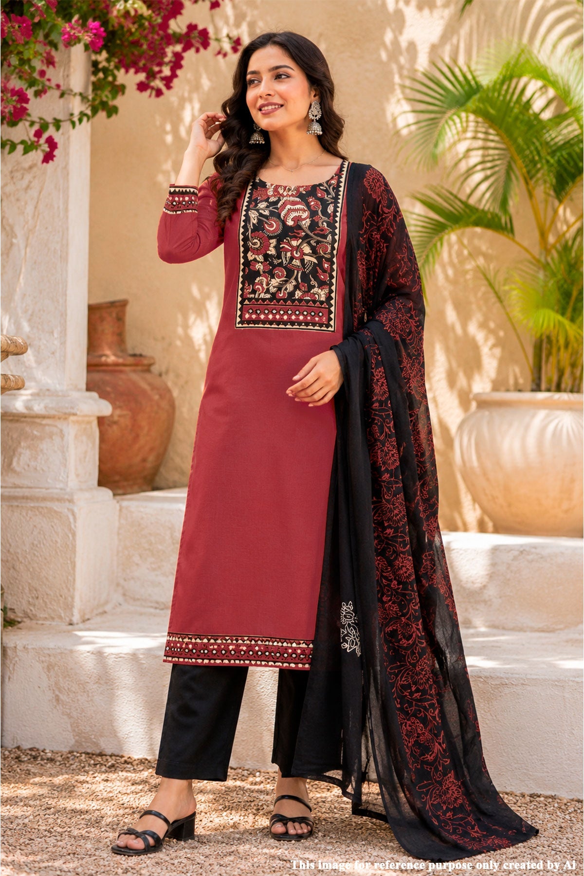 Maroon & Black Cotton Unstitched Suit Set with Printed Dupatta