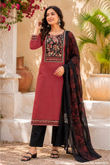 Maroon & Black Cotton Unstitched Suit Set with Printed Dupatta