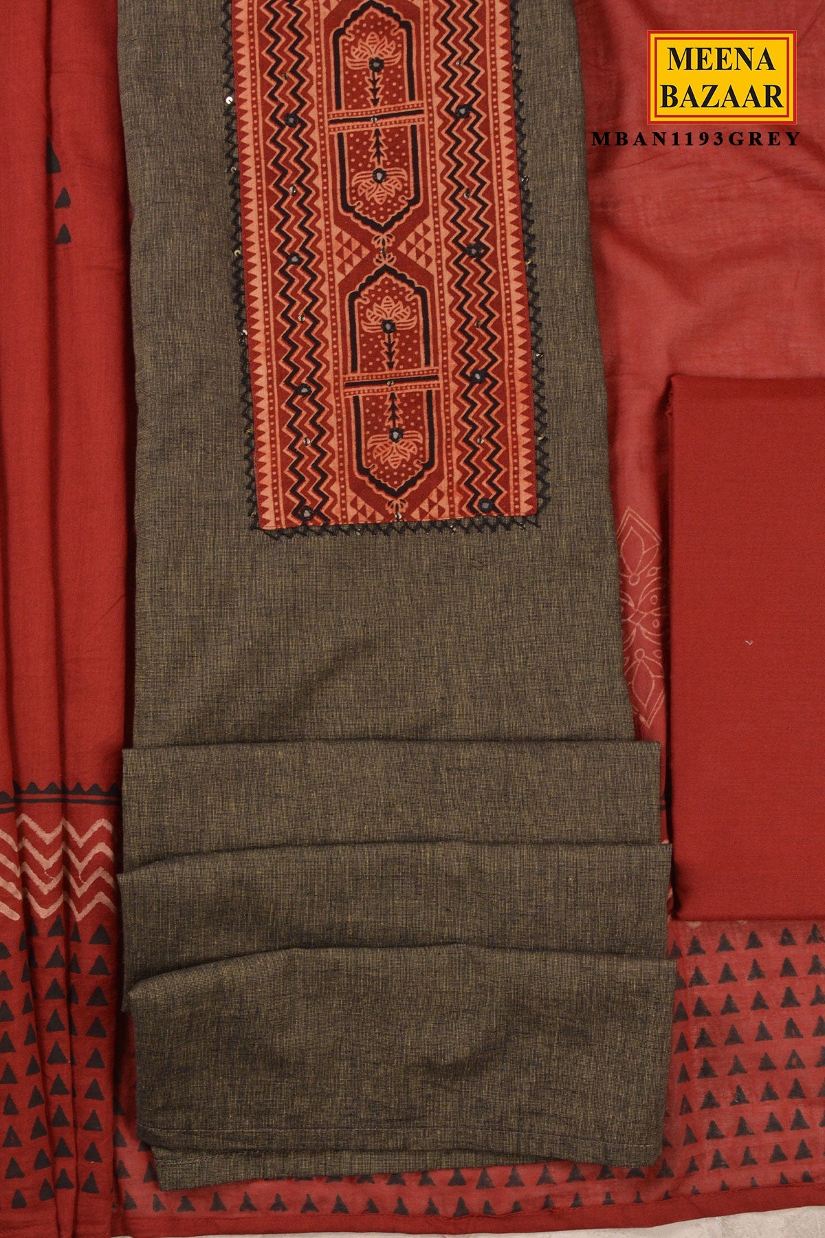 Grey Cotton Suit Set with Dupatta