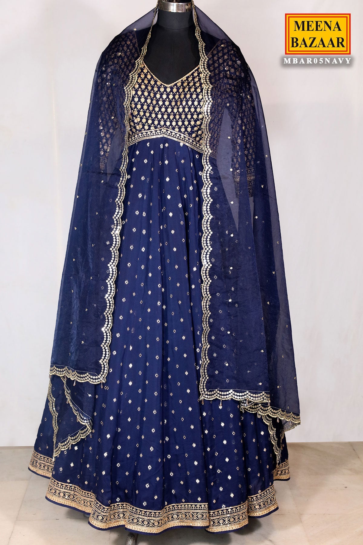 Navy Blue Georgette Zari & Sequins Embroidered Anarkali Styled Suit