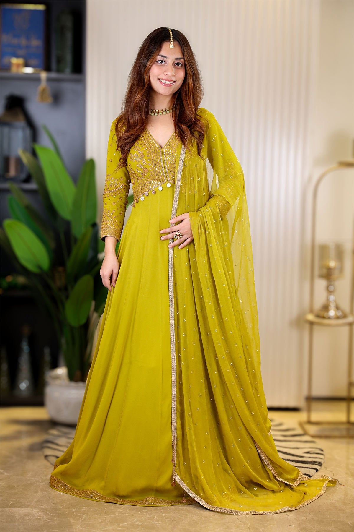 Mehandi Georgette Thread, Zari Embroidered Anarkali Suit