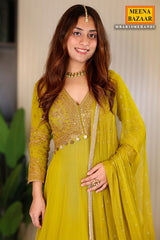 Mehandi Georgette Thread, Zari Embroidered Anarkali Suit