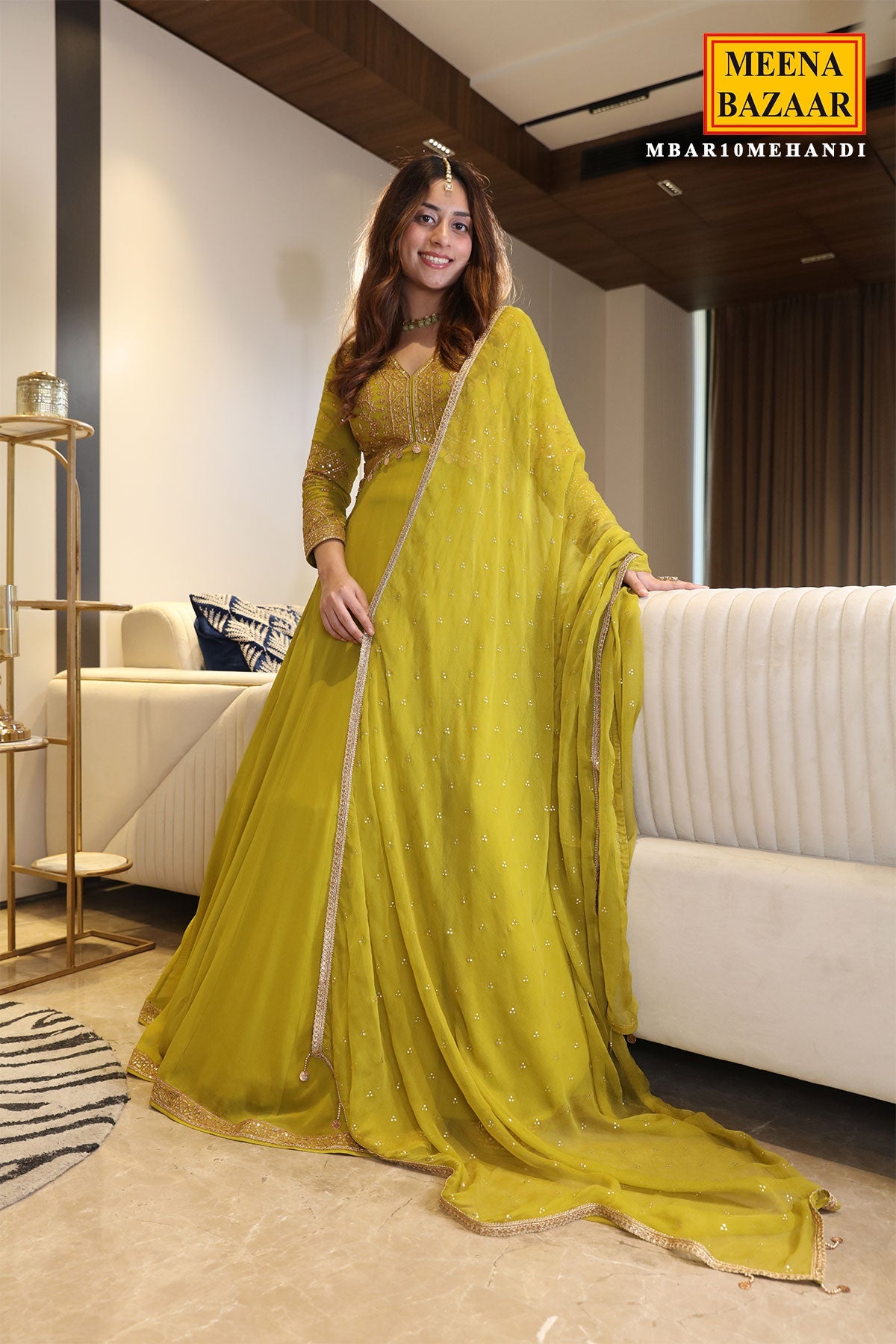 Mehandi Georgette Thread, Zari Embroidered Anarkali Suit