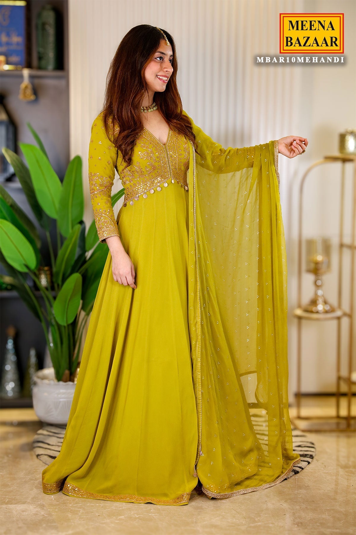 Mehandi Georgette Thread, Zari Embroidered Anarkali Suit