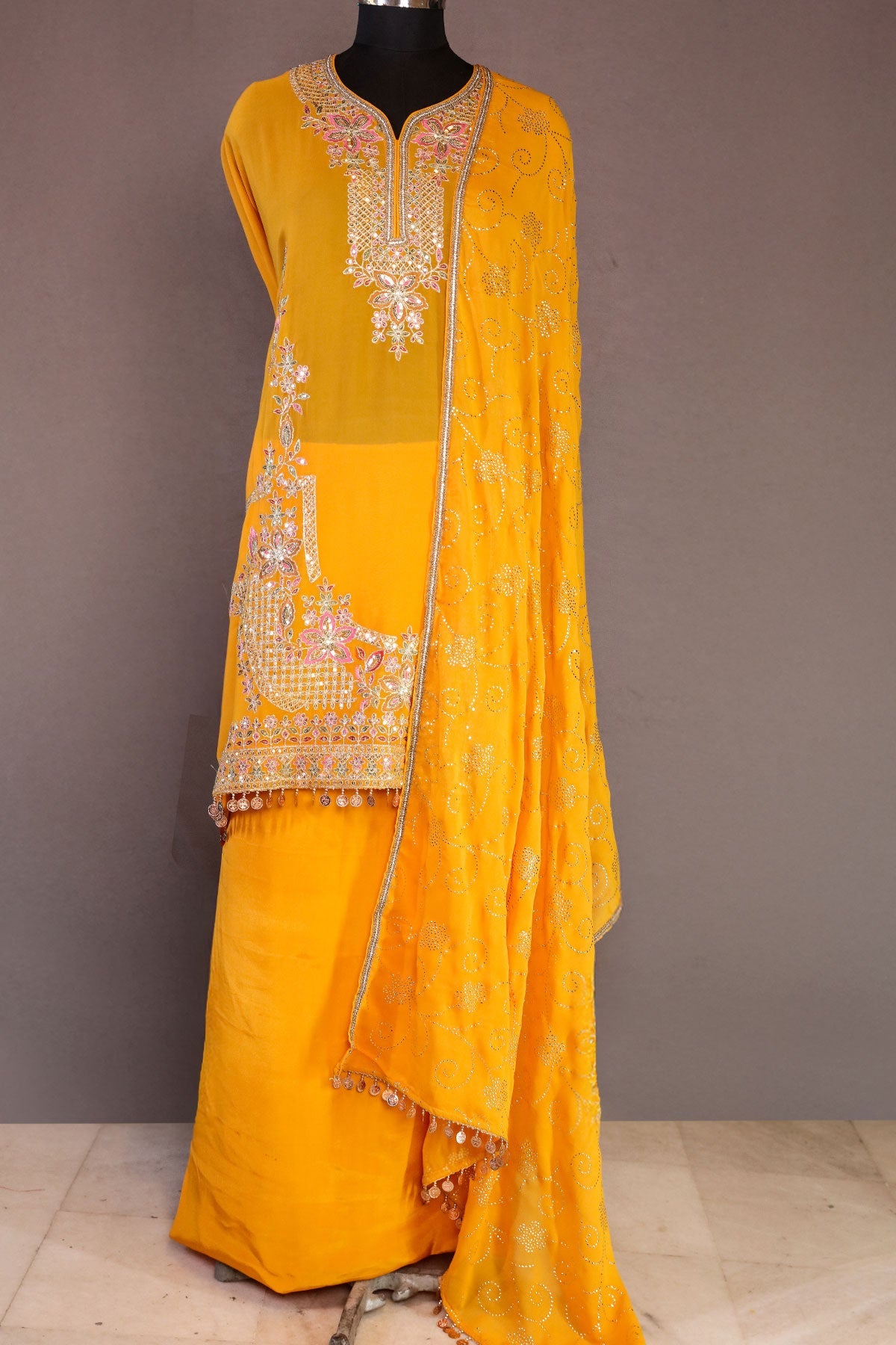 Mustard Georgette Neck Zari,Sequin Embroidered Sharara Suit Set