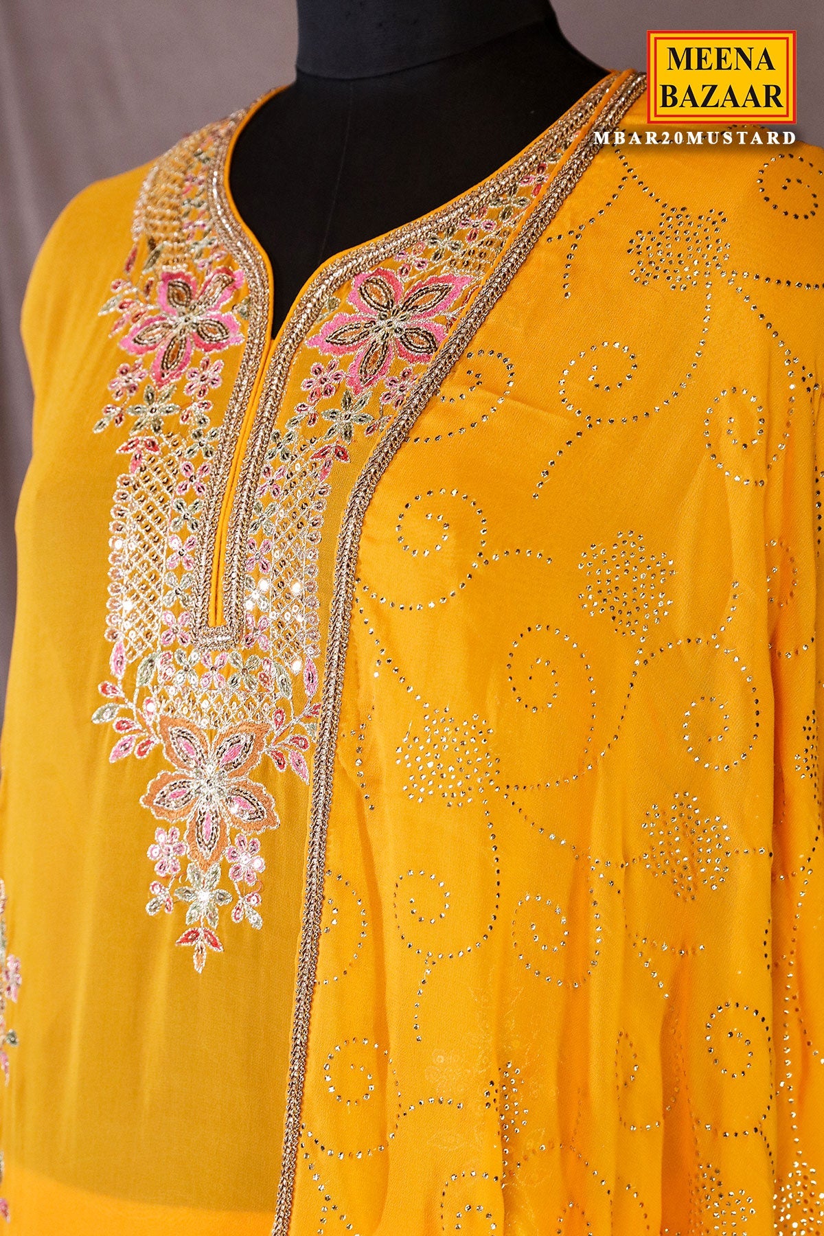 Mustard Georgette Neck Zari,Sequin Embroidered Sharara Suit Set