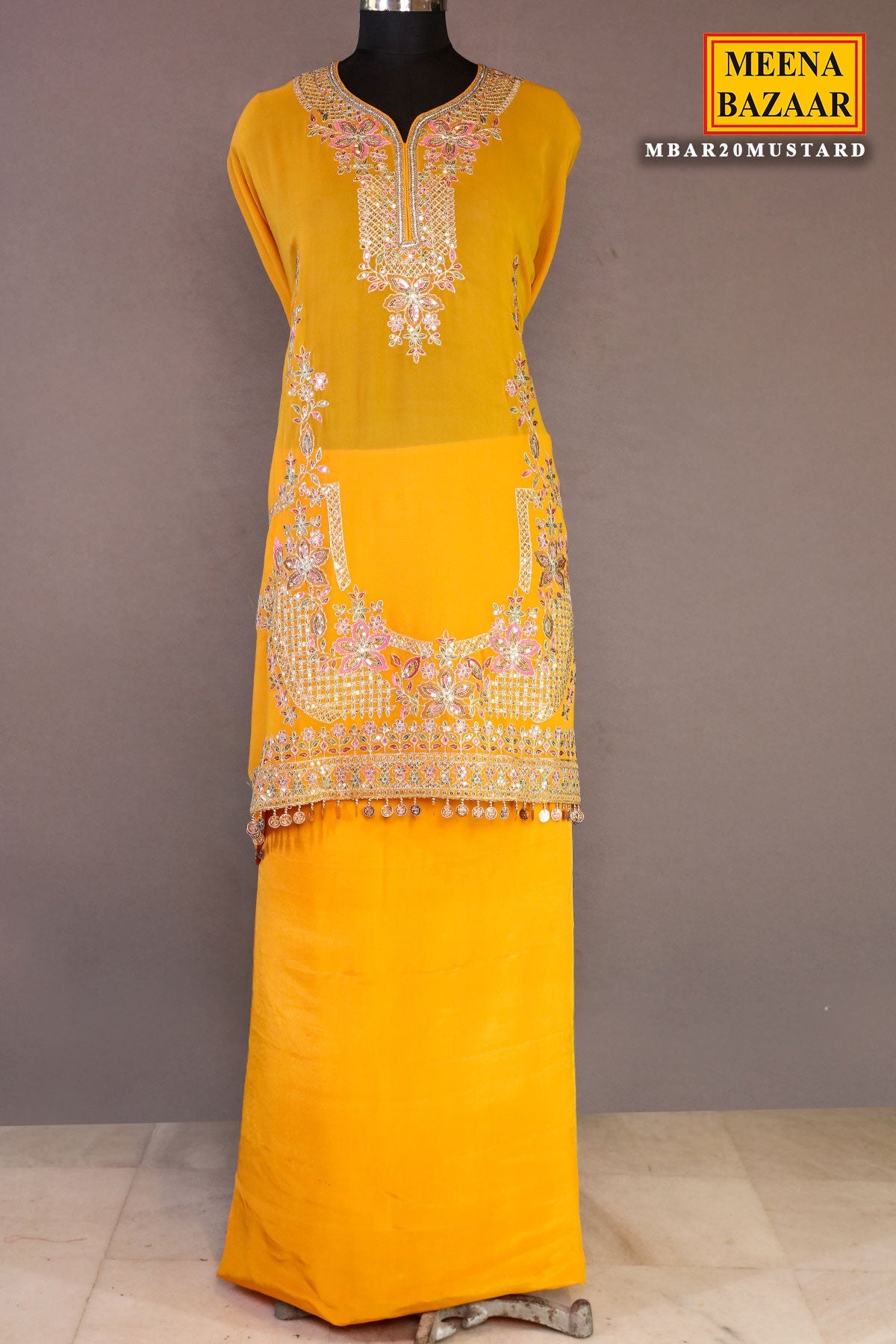 Mustard Georgette Neck Zari,Sequin Embroidered Sharara Suit Set