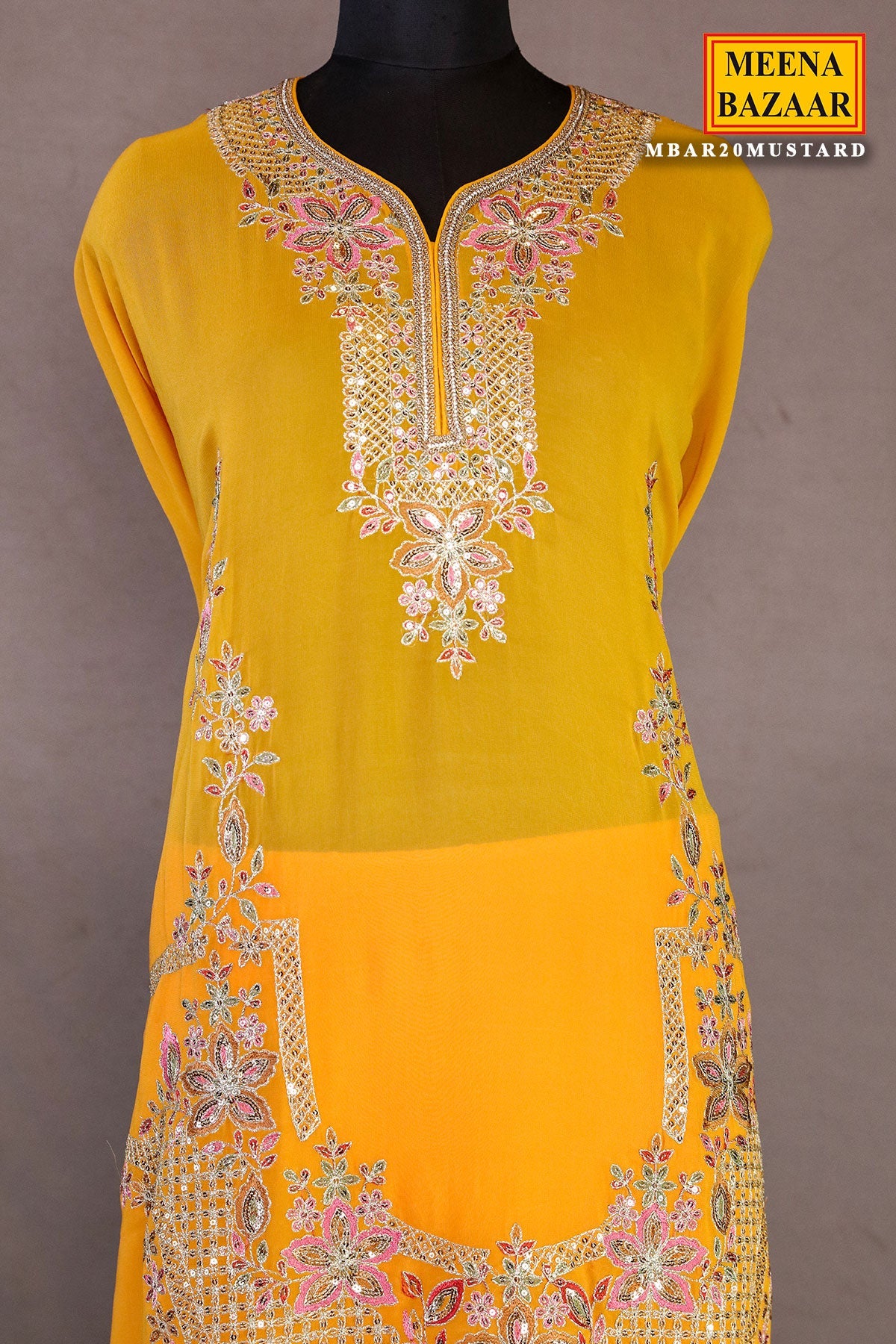 Mustard Georgette Neck Zari,Sequin Embroidered Sharara Suit Set