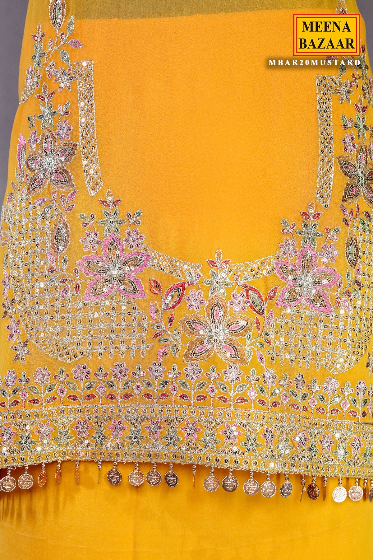 Mustard Georgette Neck Zari,Sequin Embroidered Sharara Suit Set