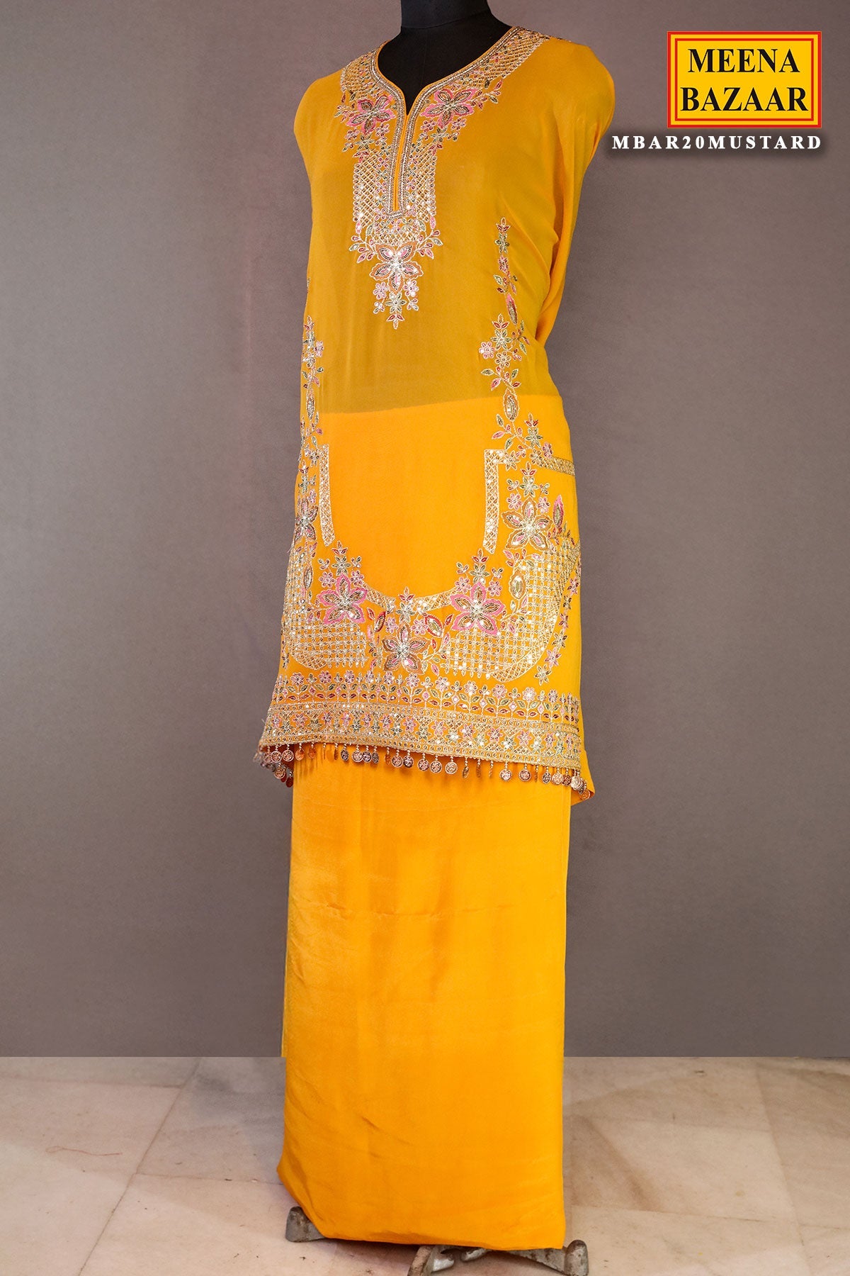 Mustard Georgette Neck Zari,Sequin Embroidered Sharara Suit Set
