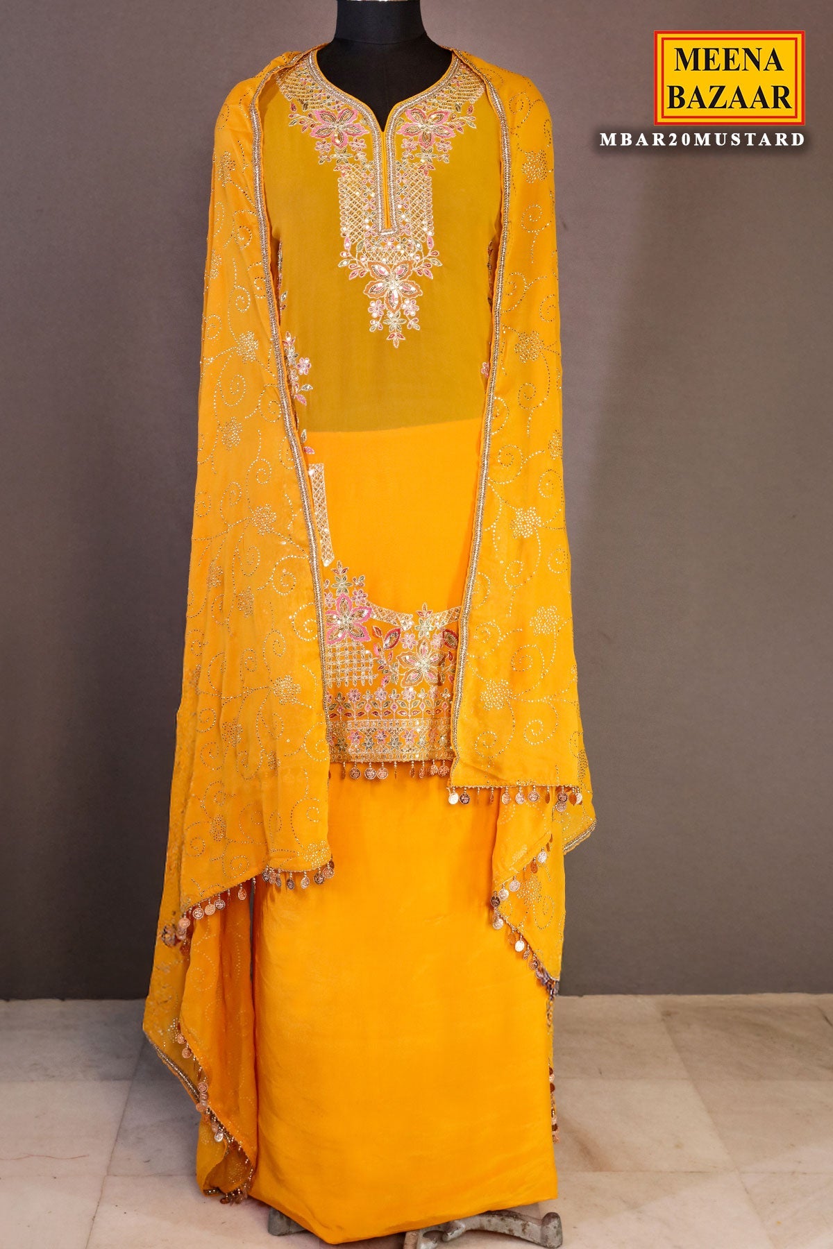 Mustard Georgette Neck Zari,Sequin Embroidered Sharara Suit Set