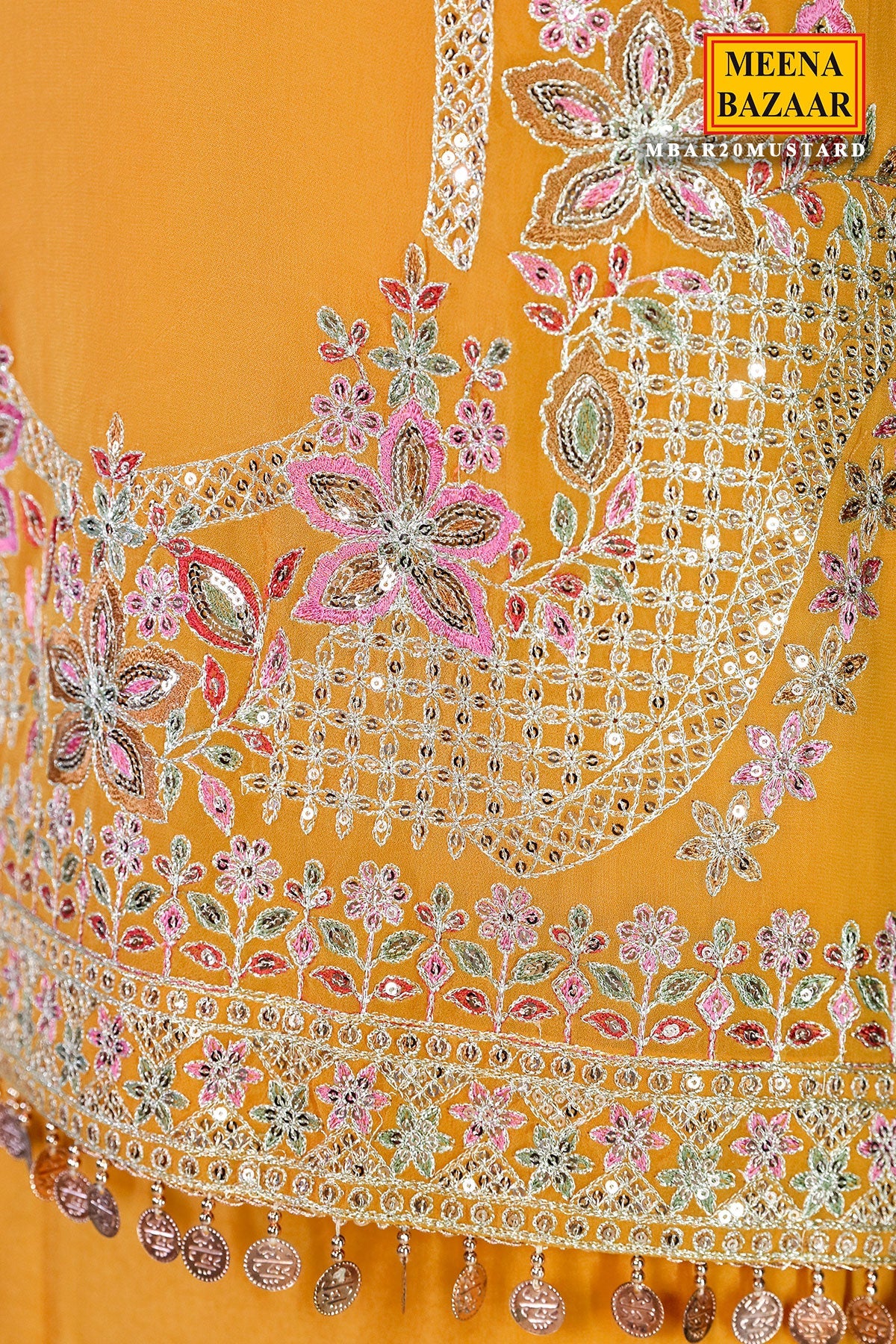 Mustard Georgette Neck Zari,Sequin Embroidered Sharara Suit Set