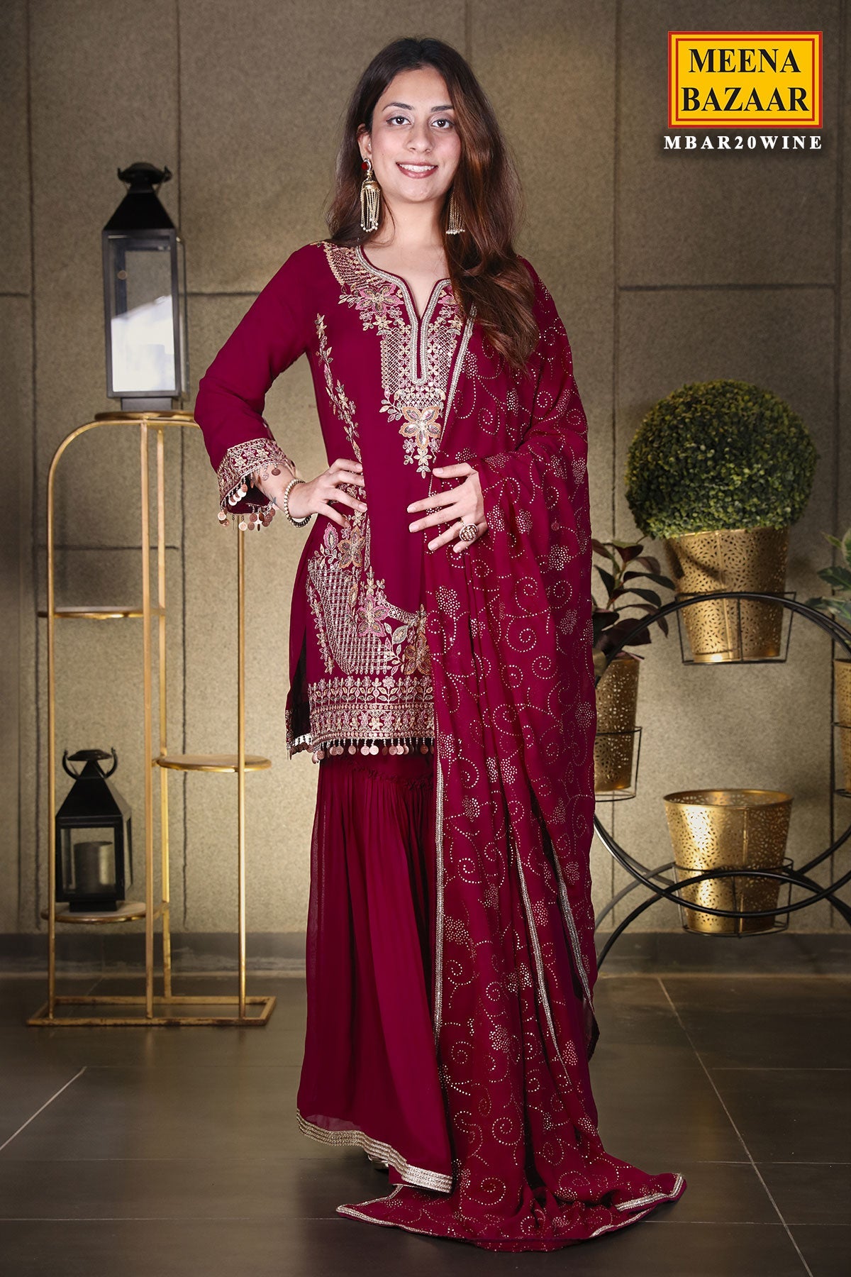 Wine Georgette Swarovski Embellished Thread Embroidered Sharara Suit