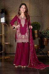 Wine Georgette Swarovski Embellished Thread Embroidered Sharara Suit