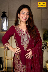 Wine Georgette Swarovski Embellished Thread Embroidered Sharara Suit