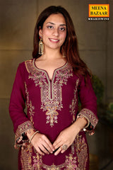 Wine Georgette Swarovski Embellished Thread Embroidered Sharara Suit