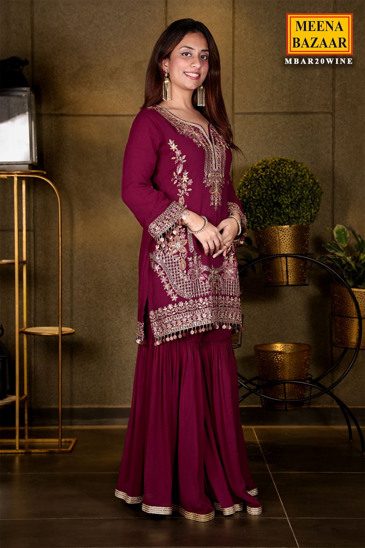 Wine Georgette Swarovski Embellished Thread Embroidered Sharara Suit