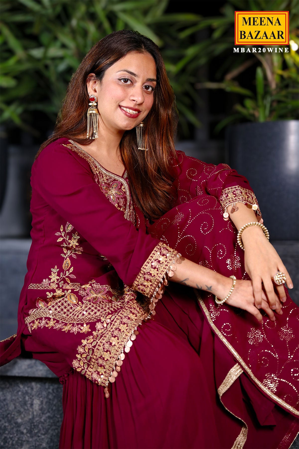 Wine Georgette Swarovski Embellished Thread Embroidered Sharara Suit